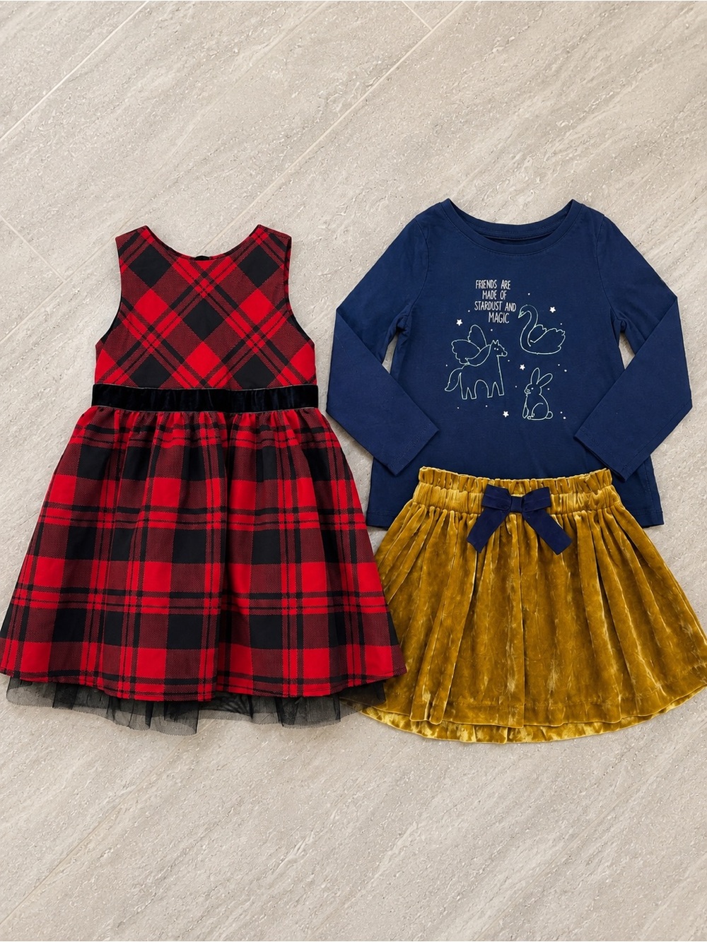 Cat & Jack Girls 3T Holiday Bundle Plaid Dress Velvet Skirt Long Sleeve 3PC